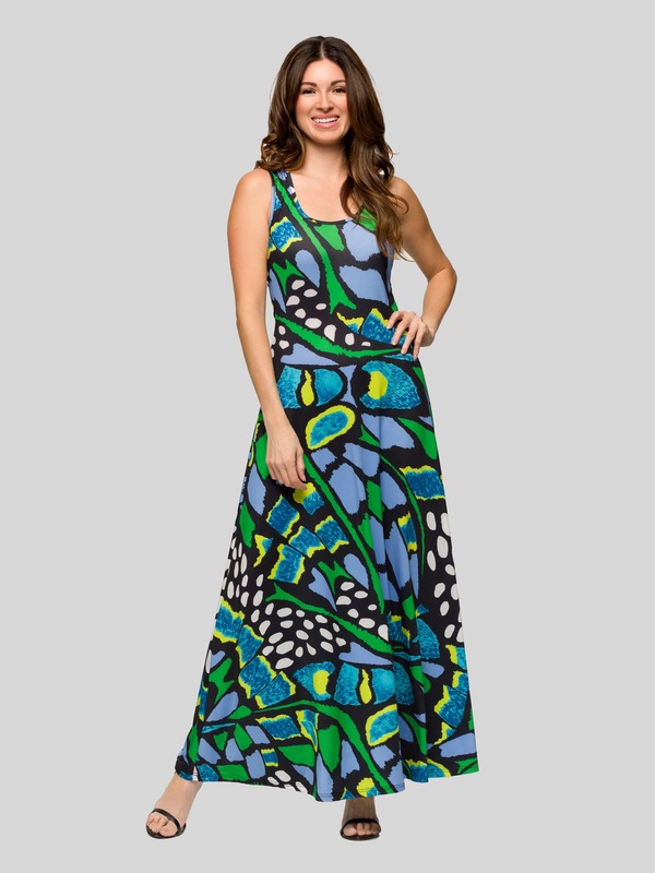 24 セブンコンフォート レディース トップス ワンピース A ライン プリント ノースリーブ マキシ 24seven Comfort Apparel Blue Butterfly Print Scoop Neck A-Line Sleeveless Maxi Dress Green Multi グリーン