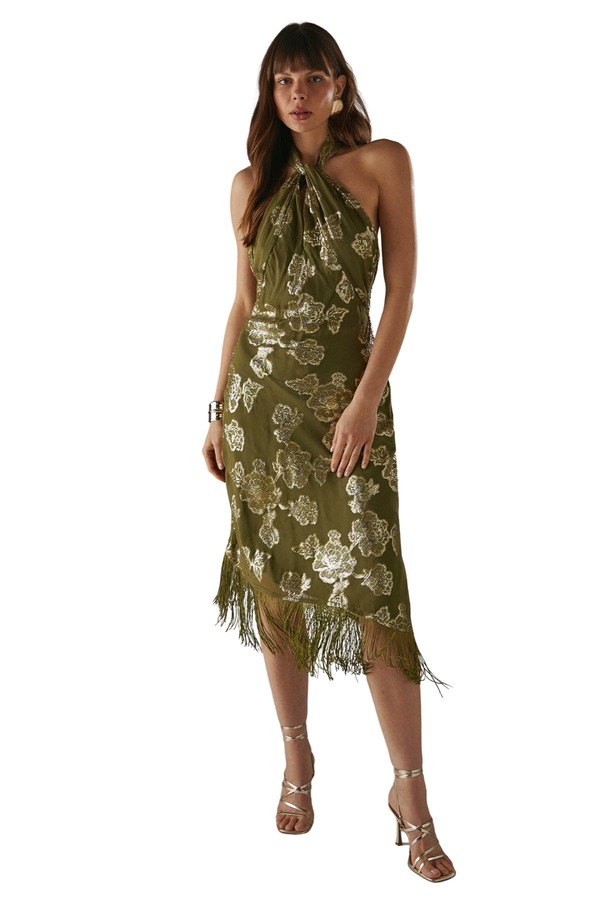 ウエアハウス レディース トップス ワンピース シフォン ミディ トール Warehouse Metallichiffon Wrap Front Midi Dress Olive オリーブ