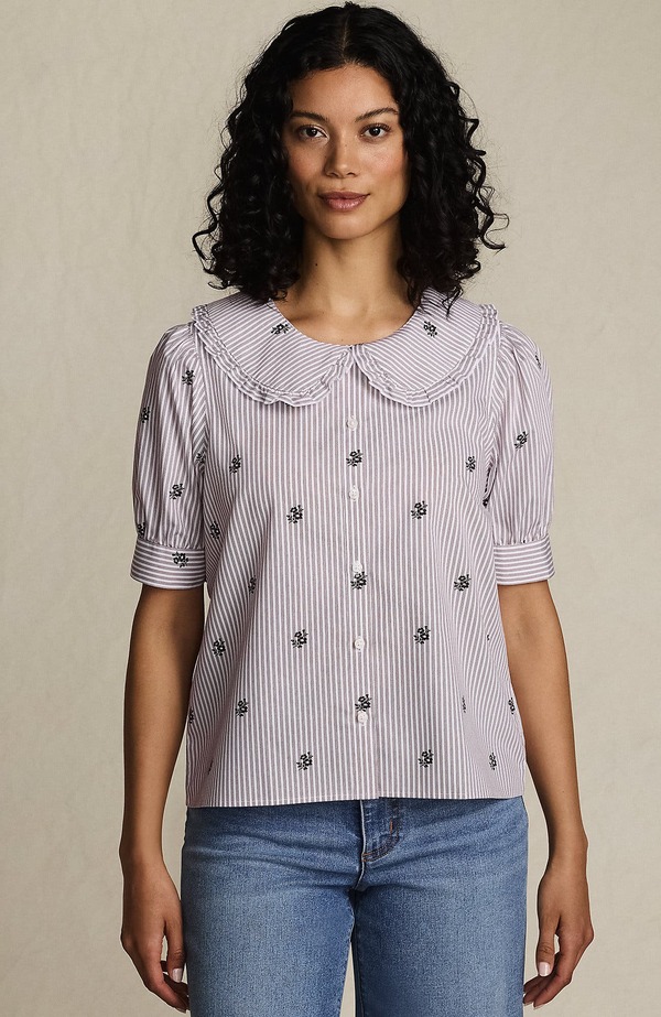 ランズエンド レディース トップス シャツ Lands' End Easy Care Puff Sleeve Statement Collar Shirt White/Brown Floral Stripe ホワイト 16,186円