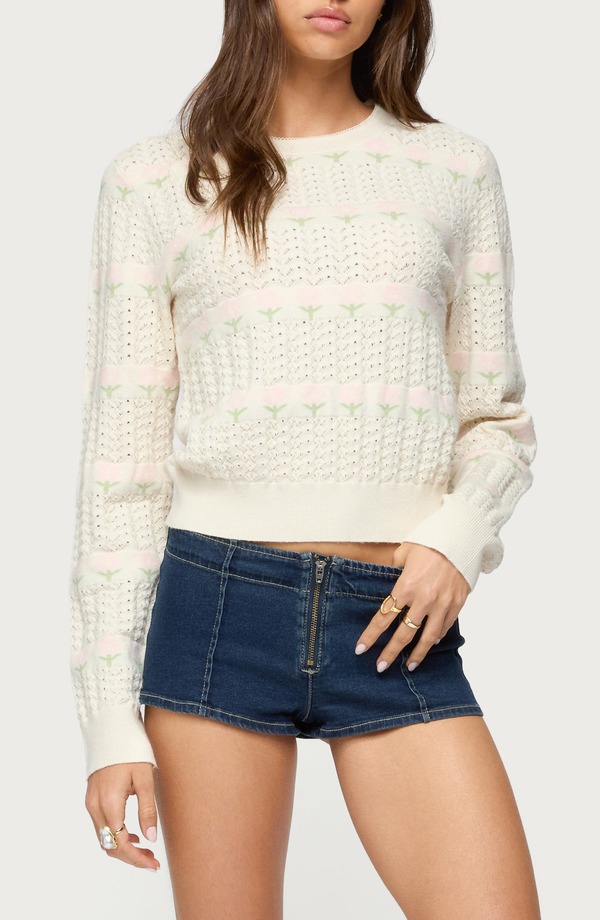 アディクテッド レディース アウター パーカー・スウェット 御花柄 スウェーター 御花 EDIKTED Emerie Floral Pointelle Stitch Sweater Cream 皮膚軟化剤