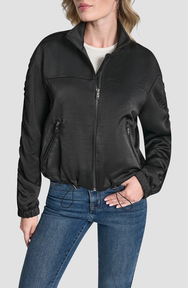 ダナ キャラン ニューヨーク州 レディース アウター 上衣・上衣 ギャザー DKNY Ruched Sleeve Bomber Jacket Black 黒いこと コート・ジャケット-レディースファッション