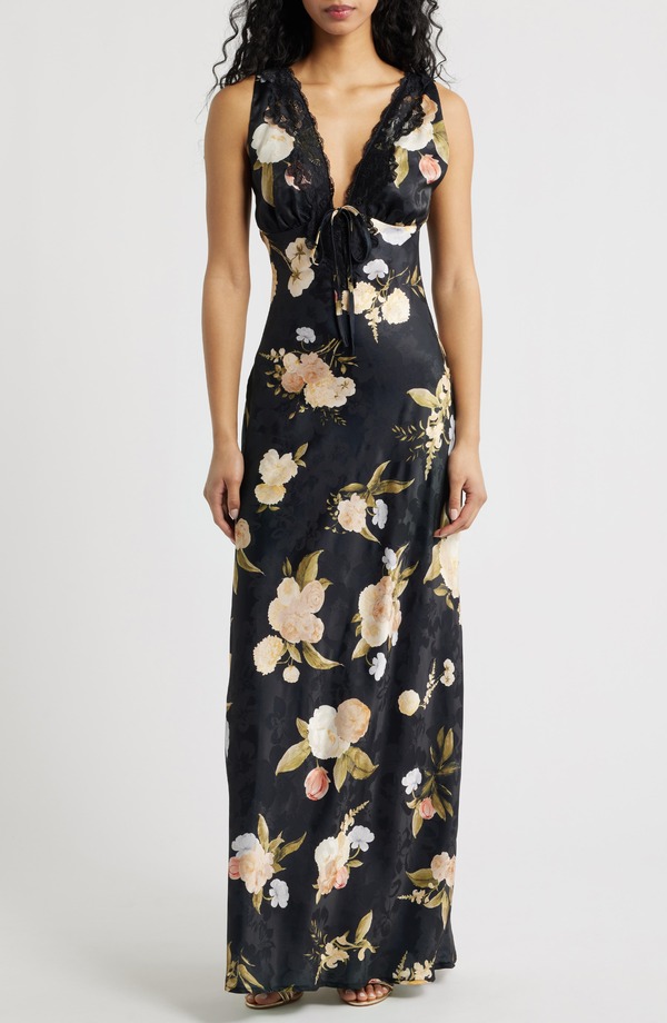 ルルズ レディース トップス ワンピース フラワー柄 サテン フラワー Lulus Judith Floral Jacquard Satin Slipdress Black Floral ブラック