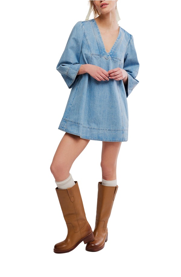 フリーピープル レディース ボトムス デニムパンツ バルーンスリーブ ミニワンピース ミニ Free People Goldie Balloon Sleeve Deniminidress Celestial Blue ブルー