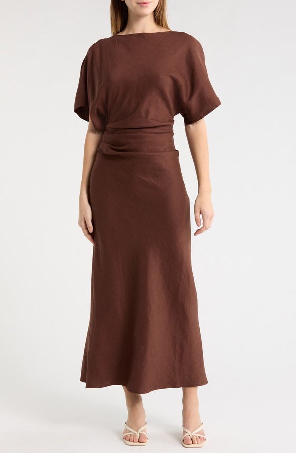 スタウド レディース トップス ワンピース ギャザー リネン STAUD Amelie Ruched Waist Linen Blendress Dark Oak