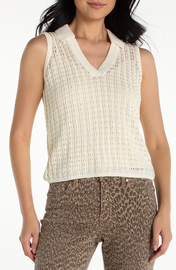 リヴァプール ロサンゼルス レディース アウター ベスト セーター Liverpoolos Angeles Johnny Collar Open Stitch Sweater Vest Cream クリーム