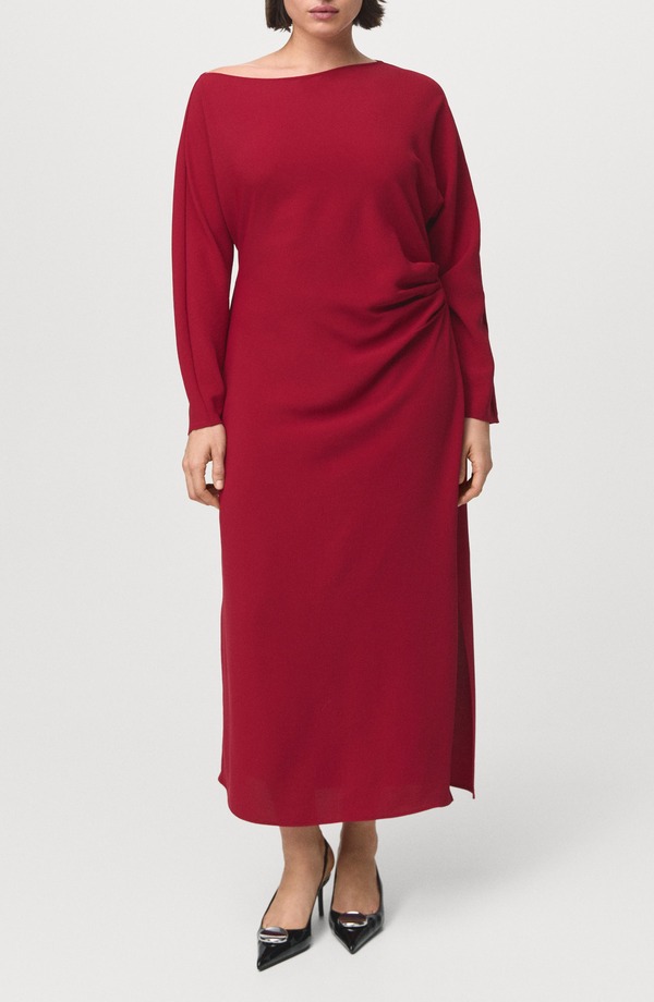 マンゴ レディース トップス ワンピース ギャザー MANGO Side Ruched Long Sleeve Dress Red レッド