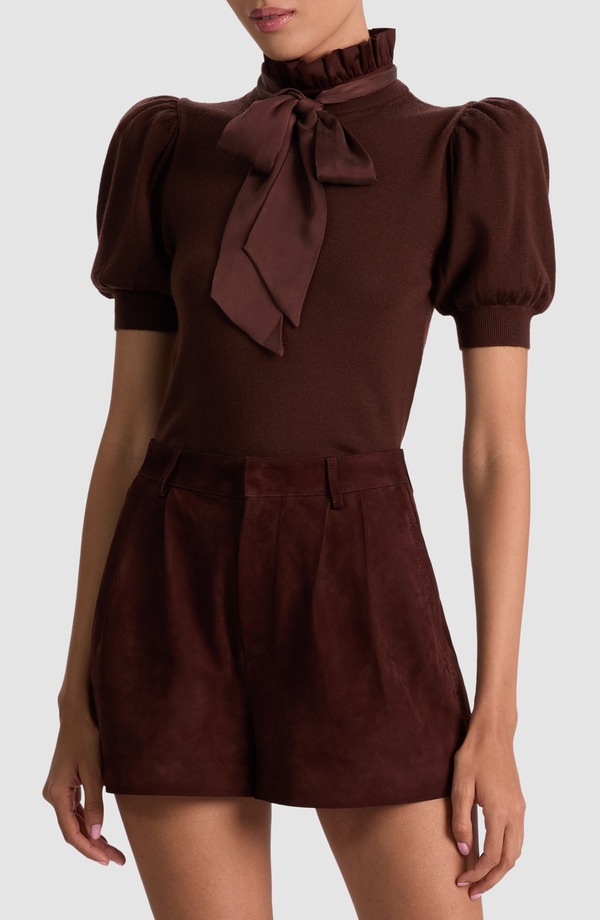 アリス アンド オリビア レディース アウター パーカー・スウェット フリル ウール セーター Alice + Olivia Chase Ruffle Tie Neck Stretch Wool Sweater Dark Chocolate チョコレート