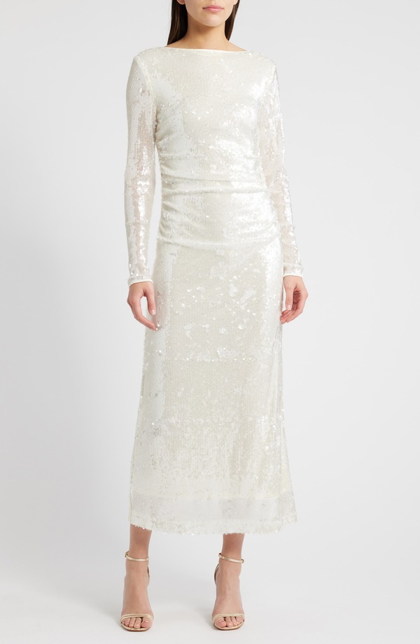 亭主持ち レディース トップス ワンピースパンコール WAYF Kieran Sequin Cowl Back Long Sleeve Cocktail Dress Ivory 象牙色