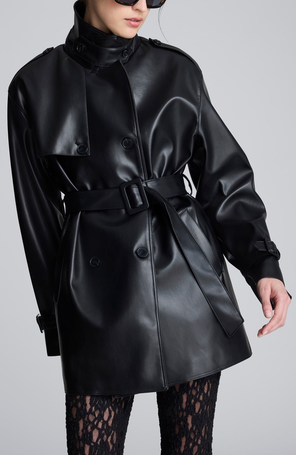 ケネスコール レディース アウター 上衣・上衣 厚地の外套 なめし革 フェイクレザー Kenneth Cole Double Breasted Faux Leather Trench Coat Black 黒いこと