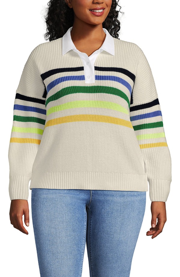 ランズエンド レディース トップス シャツ セーター Lands' Endrifterugby with Woven Collar Sweater Ivory/Multi Gem Placed Stripe アイボリー|ReVida 店