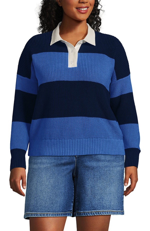 ランズエンド レディース トップス シャツ セーター Lands' Endrifterugby with Woven Collar Sweater Muted Cobalt Blue/Navy Rugby ネイビー|ReVida 店