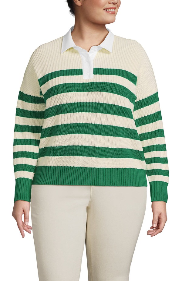 ランズエンド レディース トップス シャツ セーター Lands' Endrifterugby with Woven Collar Sweater Vibrant Clover Stripe ストライプ｜ReVida 店