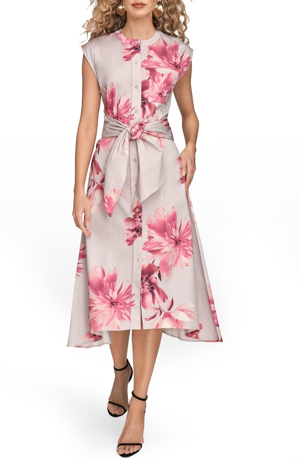 ダナ キャラン ニューヨーク レディース トップス ワンピース フラワー柄 シャツ コットン キャップ フラワー Donna Karanew York Floral Tie Front Cap Sleeve Stretch Cotton Shirtdress Pink Sands Multi ピンク