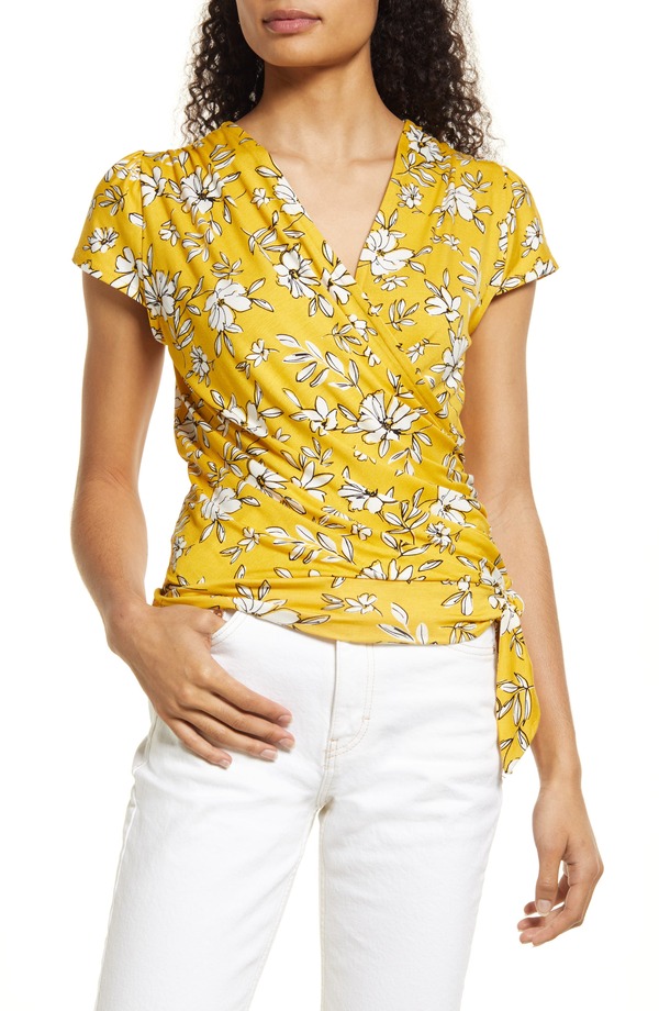 ラブアペラ レディース トップス シャツ フラワー柄 プリント フラワー Loveappella Floral Print Faux Wrap Top Sunflower