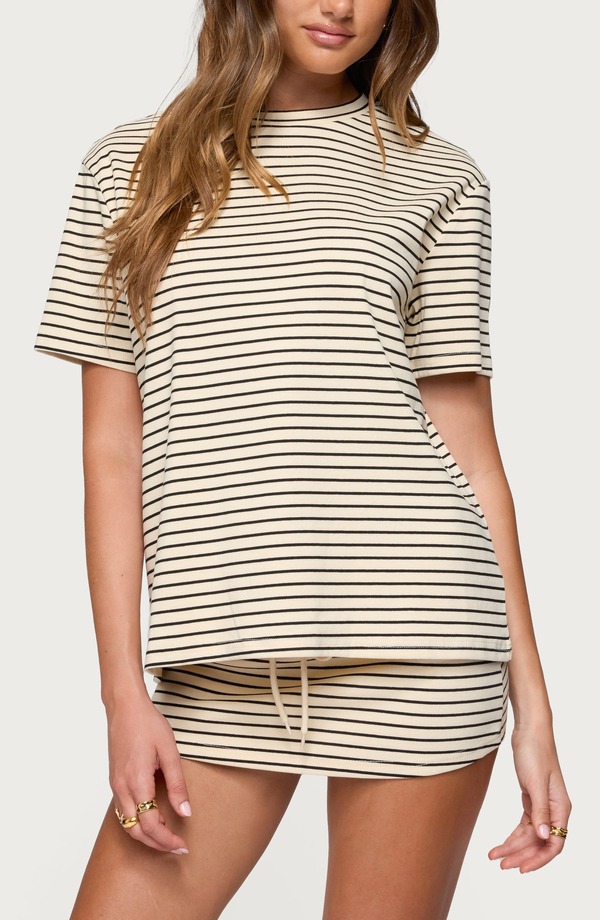 アディクテッド レディース トップス プルオーバー EDIKTED Brena Stripe Oversize T-Shirt Cream-And-Black 皮膚軟化剤