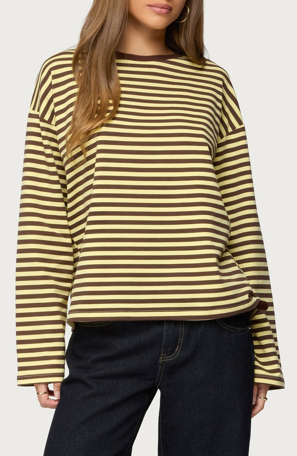 アディクテッド レディース アウター パーカー・スウェット Tシャツ EDIKTED Jodie Oversize Long Sleeve T-Shirt Brown-And-Yellow イエロー