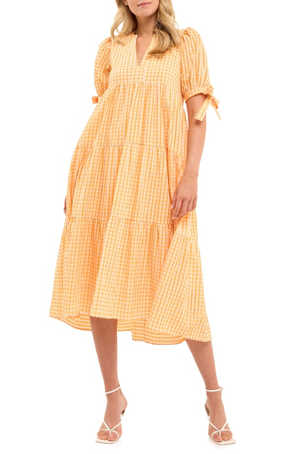 イングリッシュファクトリー レディース トップス ワンピース ティアード ギンガムチェック ミディ ギンガム English Factory Gingham Tiered Midi Dress Orange オレンジ