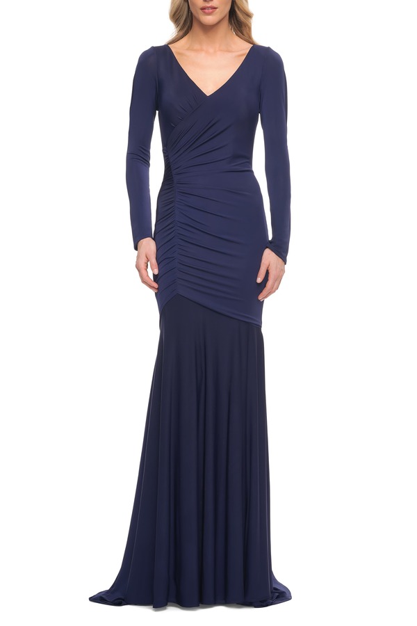 ラフェム レディース トップス ワンピース ギャザー ジャージー La Femme Ruched Jersey Eveningown with Long Sleeves Navy ネイビー
