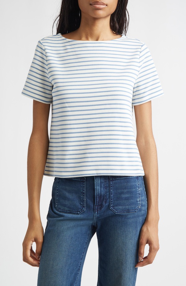 ヴェロニカ ベアード レディース トップス Tシャツ Veronica Beard Hovey Stripe Boat Neck T-Shirt Dove Lake Mist ストライプ|ReVida 店