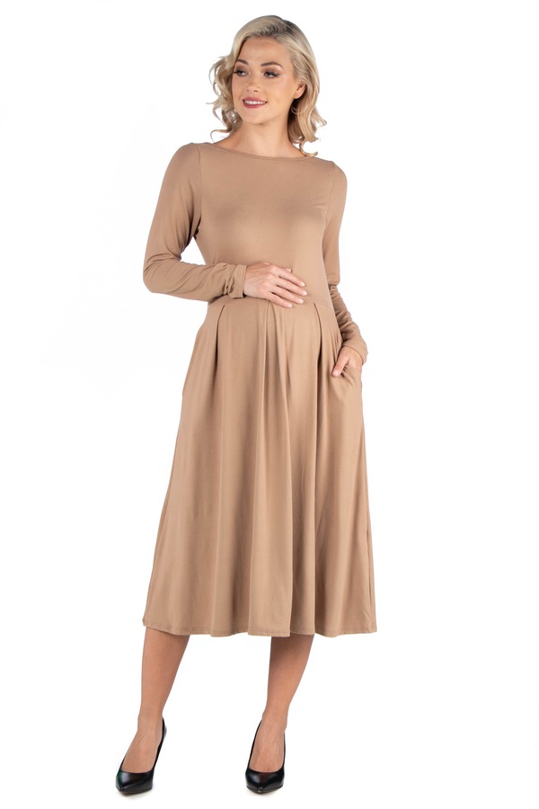 24 セブンコンフォート レディース トップス ワンピース ミディ マタニティ 24seven Comfort Apparel Maternity Midi Length Fit and Flare Pocket Dress Wheat|ReVida 店