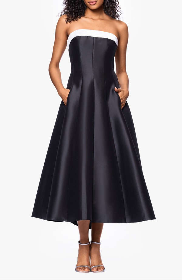 ベッツィアンドアダム レディース トップス ワンピーストラップレス コントラスト Betsy & Adam Contrastrapless Mikado Ballgown Black/ White ホワイト