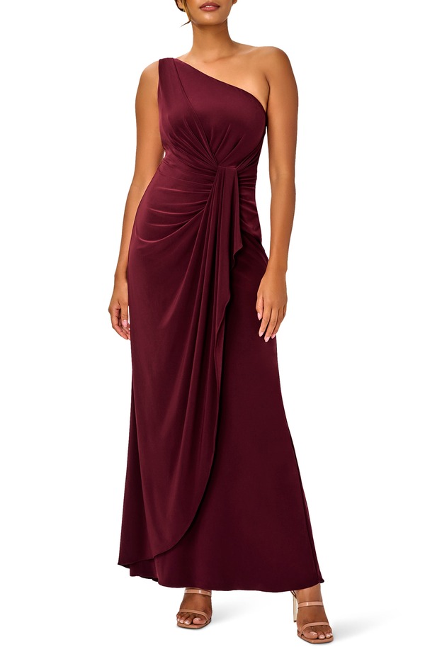 アドリアナ パペル レディース トップス ワンピース ワンショルダー ジャージー Adrianna Papell One-Shoulder Jersey Gown Red Wine レッド