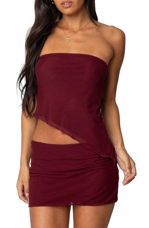 アディクテッド レディース トップス シャツ アシンメトリー メッシュ ストラップレス EDIKTED Vivi Strapless Asymmetric Mesh Top Burgundy バーガンディ｜ReVida 店