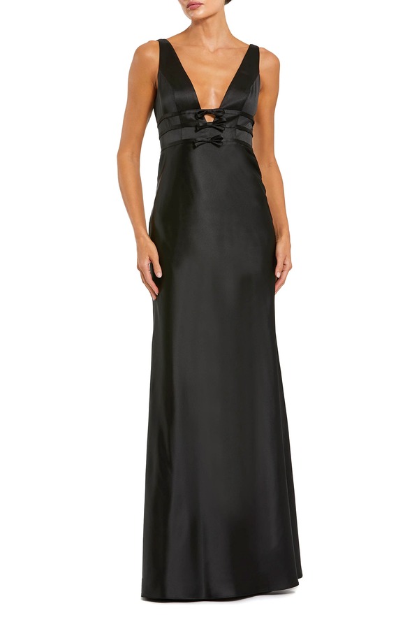 マックダガル レディース トップス ワンピース Vネック サテン ノースリーブ Mac Duggal Sleeveless V Neck Satin Gown With Bow Details Black ブラック