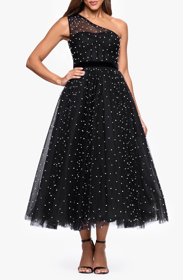ベッツィアンドアダム レディース トップス ワンピース チュール ワンショルダー Betsy & Adam Faux Pearl One-Shoulder Tulle Cocktail Dress Black ブラック 40,820円