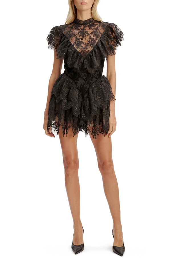 赤ちょうちん点点 レディース トップス 衣装 フラウンス ミニ スピード競技 Bardotarryn Ruffle Lace Minidress Black 黒いこと