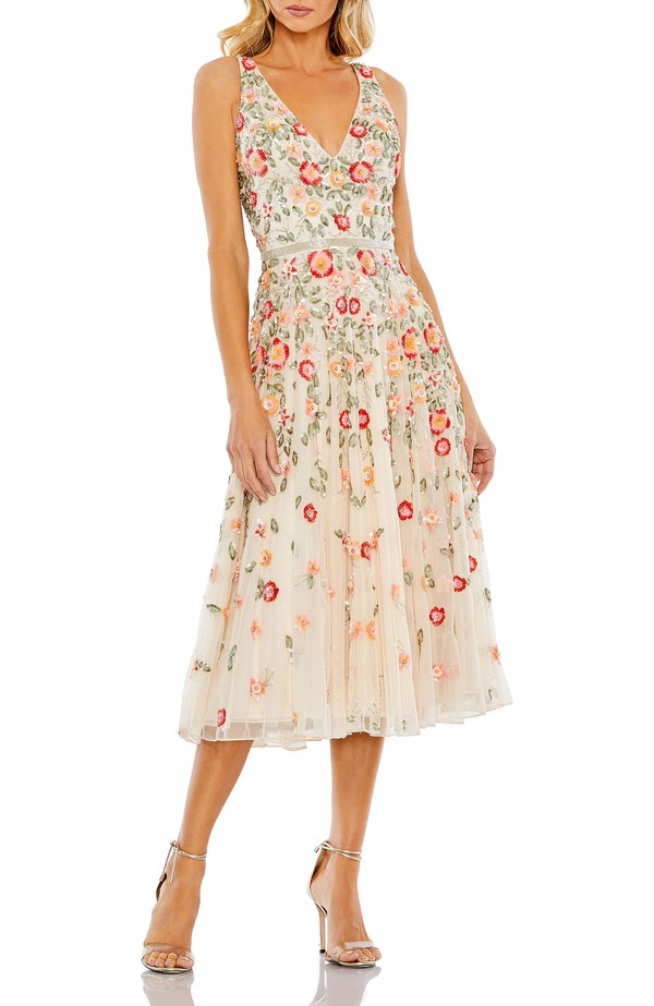 マックダガル レディース トップス ワンピース Vネック A ライン フラワー柄 ミディ ノースリーブ フラワー Mac Duggal V-Neck Sleeveless Midi Floral Beaded A-Line Dress Nude Multi マルチカラー