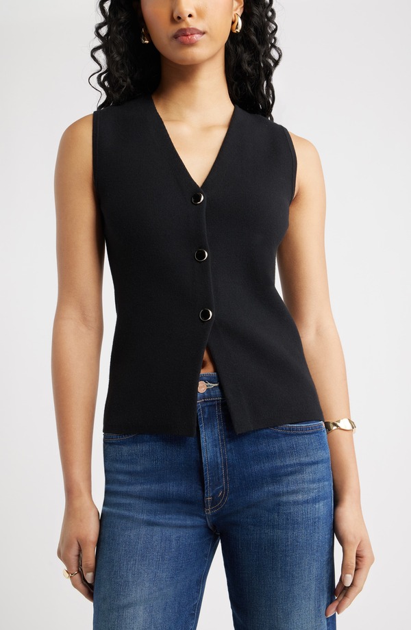 オープンエディット レディース トップス シャツ ベスト セーター Open Edit Cutaway Button-Up Sweater Vest Black ブラック