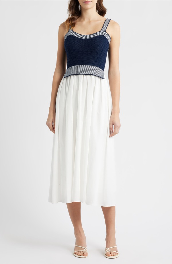 ムーンリバー レディース トップス ワンピース ミディ MOON RIVER Crochetop Mixed Media Midi Dress Navy/ Off White オフホワイト