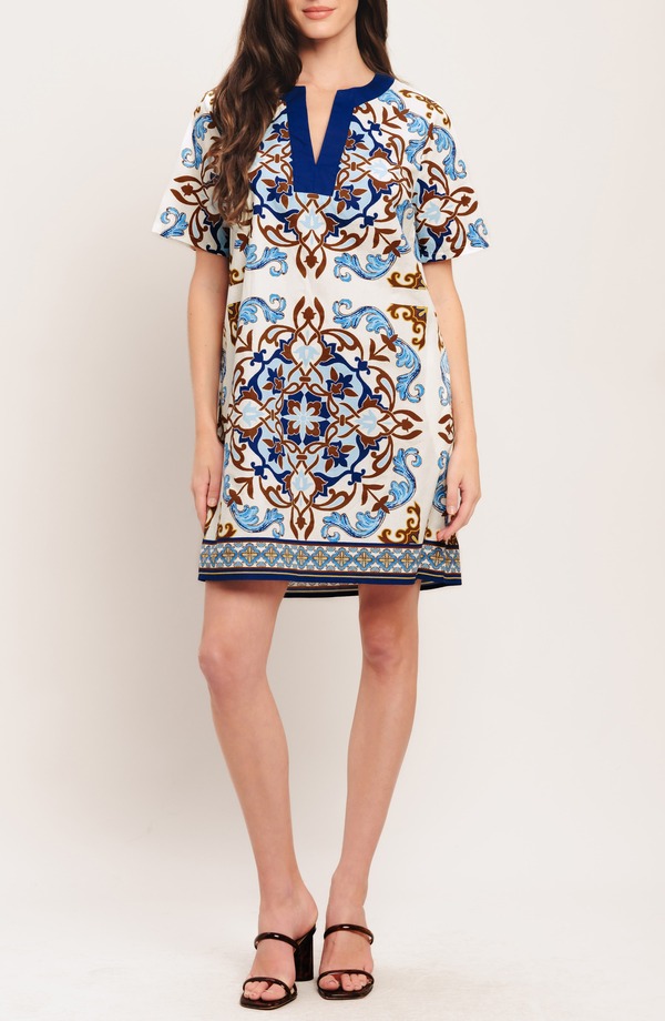 フライングトマト レディース トップス ワンピース プリント ミニ コットン FLYING TOMATO Scarf Print Cotton Shift Minidress Ivory Blue アイボリー