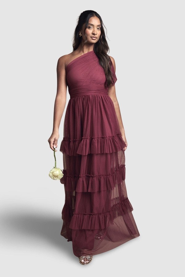 オアシス レディース トップス ワンピース ティアード プリーツ マキシ Oasis Pleated One Shoulder Tiered Maxi Dress Berry