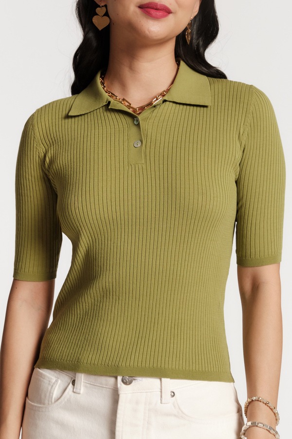 フランセスバレンタイン レディース トップス ポロシャツ リブニット Frances Valentine Krissy Polo Rib Knit Fern
