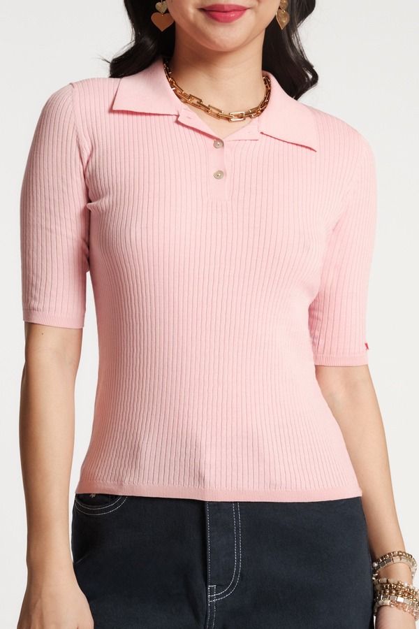 フランセスバレンタイン レディース トップス スポーツシャツ リブニット Frances Valentine Krissy Polo Rib Knit Pink さくら色