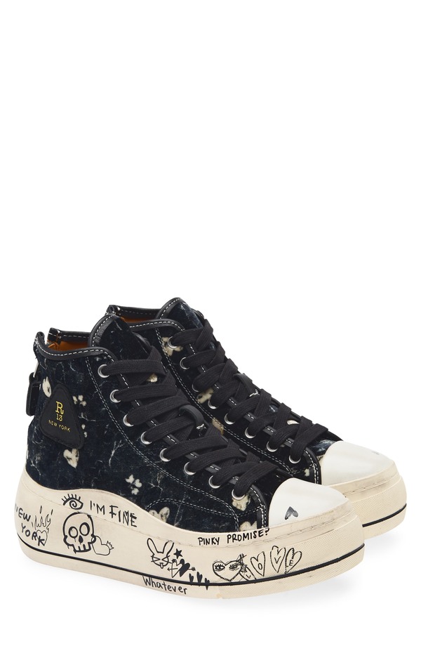 アールサーティーン レディース シューズ スニーカー プラットホーム R13 Kurt Platform High Top Sneaker Hearts On Black Graffiti 黒いこと