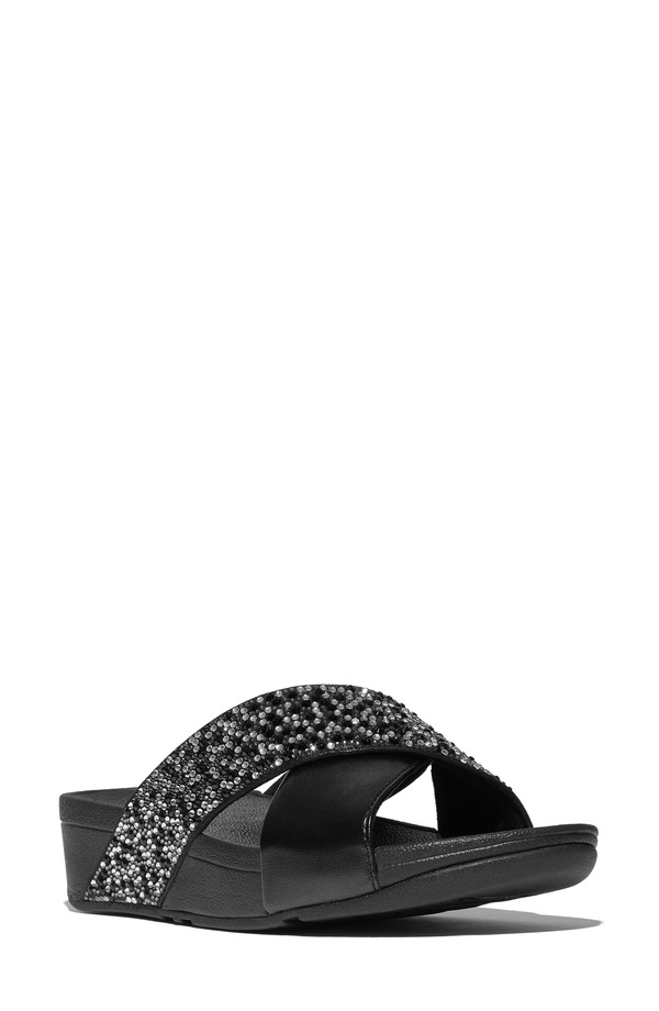 相応うフロップ レディース シューズ 踵 サンダル FitFlop Lulu Crystal Embellished Slide Sandall Black 黒いこと