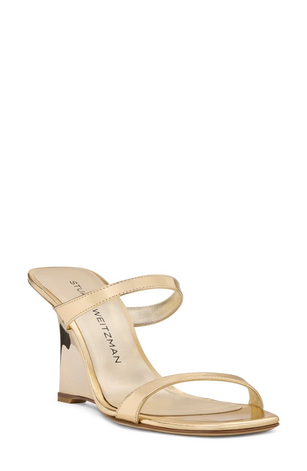 スチュアート ワイツマン レディース シューズ 踵 サンダル なめし革 Stuart Weitzman Vinnie 85 Patent Leather Wedge Slide Sandal Platino Metallic メタリック