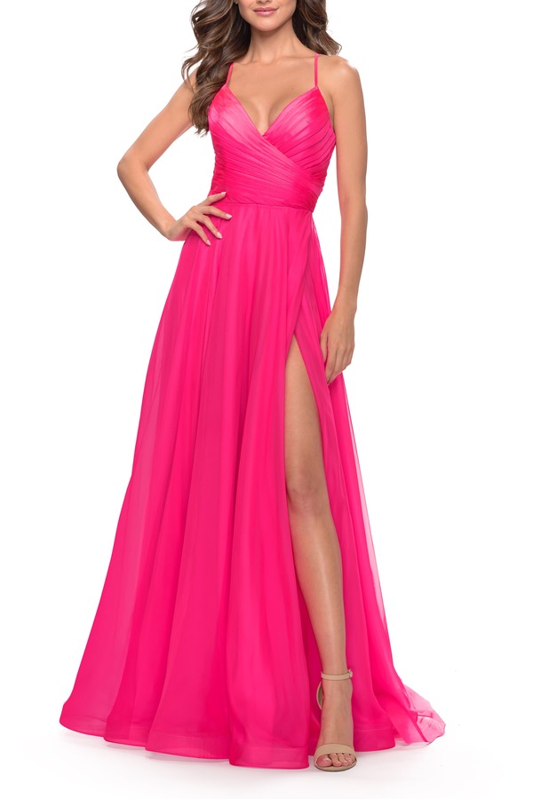 ラフェム レディース トップス ワンピース シフォン ギャザー La Femme Chiffon Prom Dress with Ruched Bodice and Slit Neon Pink ピンク