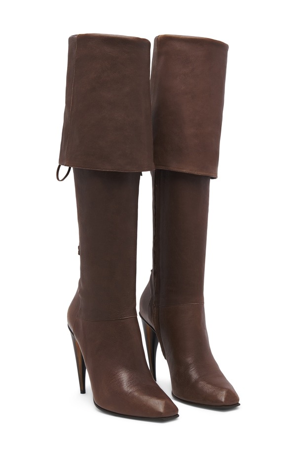 マックイーン レディース シューズ ブーツ・レインブーツ スピード競技 踵 McQueen Horn Shaped Heelace-Up Knee High Boot Coffee 珈琲
