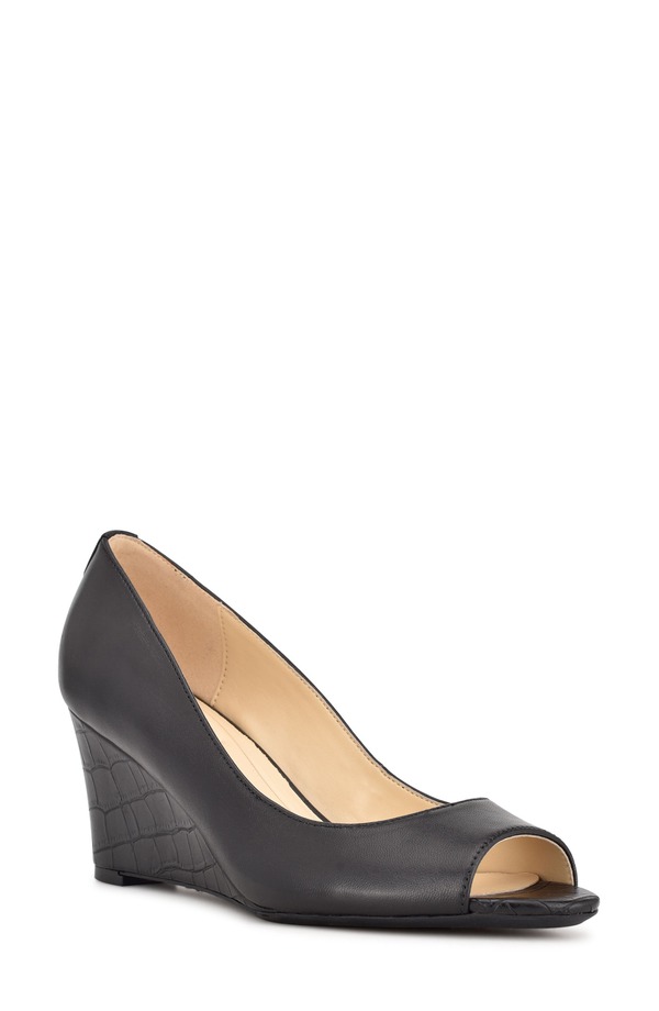 ナインウェスト レディース シューズ 踵 ケープひな型 旗がしら ケープ Nine West Capeep Toe Wedge Black Leather 黒いこと