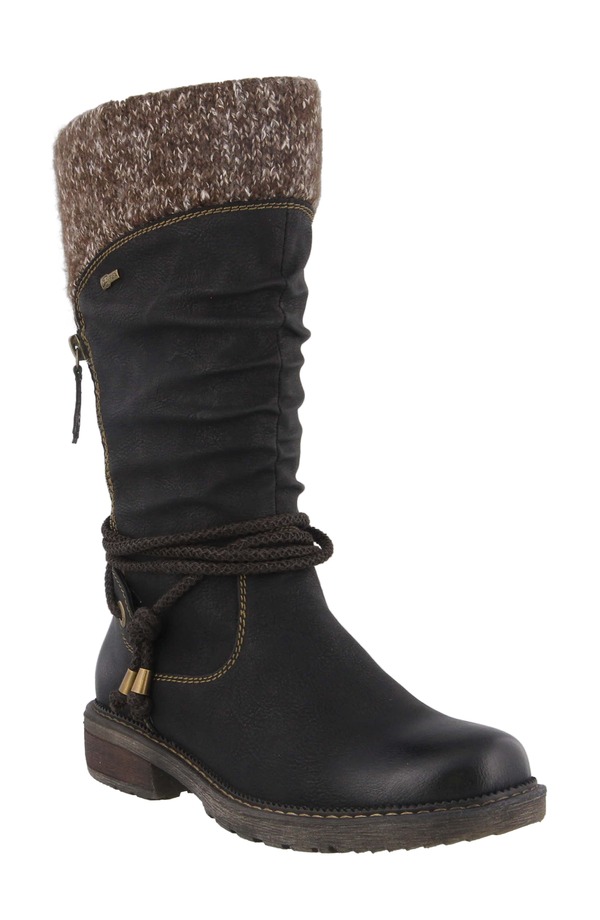三春足つき レディース シューズ ブーツ・レインブーツ 旗がしら Spring Step Acaphine Wateresistant Boot Black Faux Leather 黒いこと