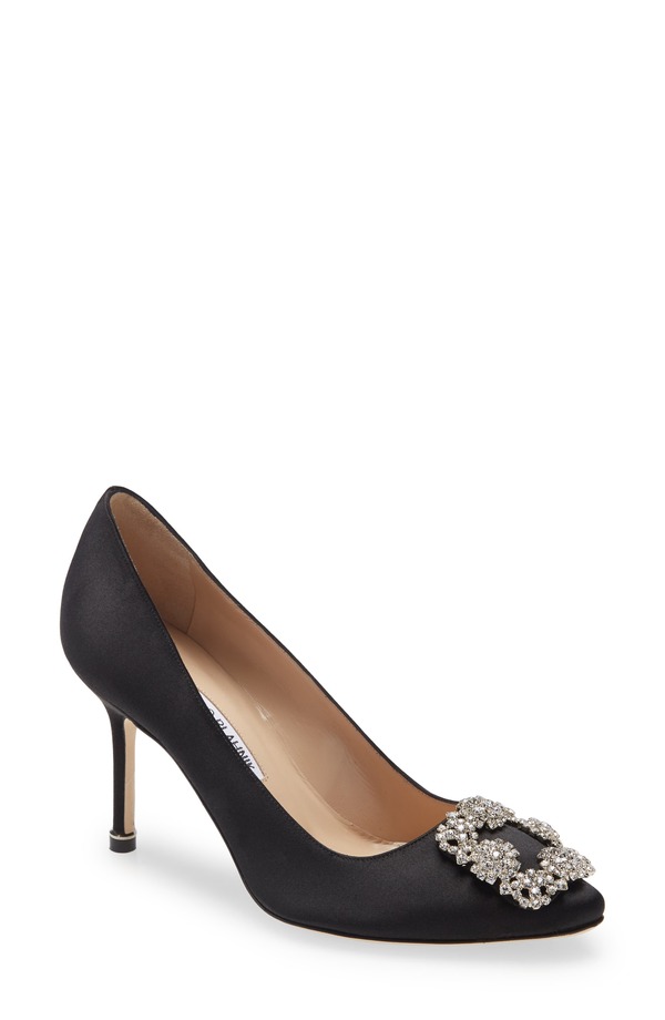マノロ ブラニク レディース シューズ パンプス Manolo Blahnik Hangisi Crystal Buckle Pump Black Satin/ Clear Buckle 黒いこと