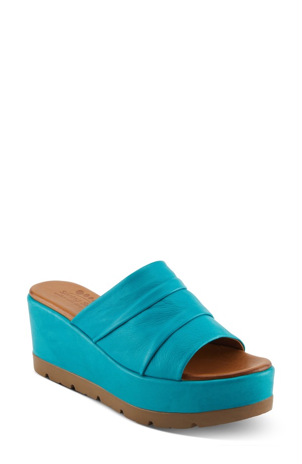 発条足取り レディース シューズ 踵 プラットホーム サンダル Spring Step Allerton Platform Wedge Slide Sandal Turquoise 青緑色