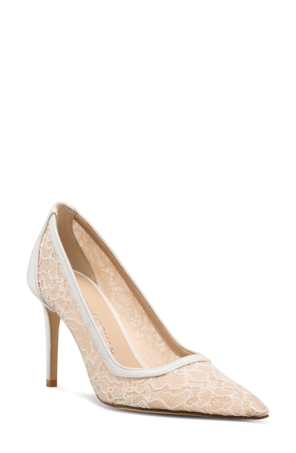 スチュアート ワイツマン レディース シューズ 踵 スピード競技 Stuart Weitzman Stuart Power 85 Lace Pointed Toe Pump Blanco/ Beige/ Blanco ベージュ