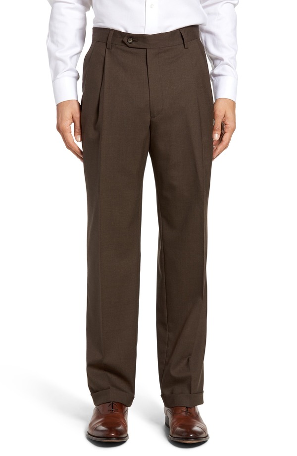 ベール メンズ ボトムス カジュアルパンツ プリーツ Berle Lightweight Plain Weave Pleated Classic Fitrousers Brown ブラウン