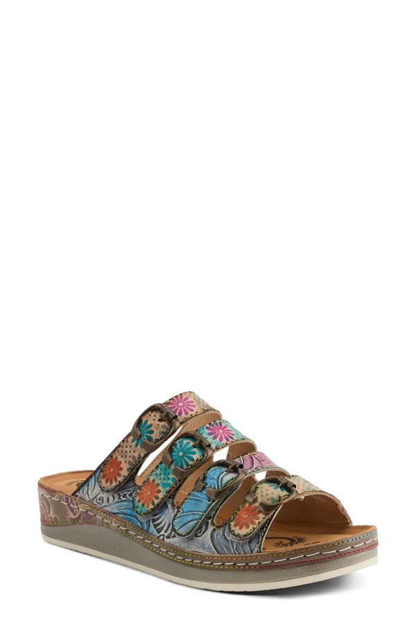 発条足取り レディース シューズ 踵 プラットホーム サンダル L\u0027Artiste by Spring Step Bellini Platform Wedge Slide Sandal Grey Multi 薄墨色