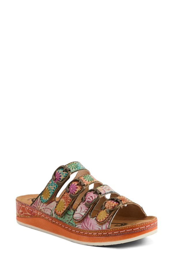 発条足取り レディース シューズ 踵 プラットホーム サンダル L\u0027Artiste by Spring Step Bellini Platform Wedge Slide Sandal Peach Multi 桃